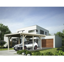 Mașină sub carport din lemn în fața unei case moderne