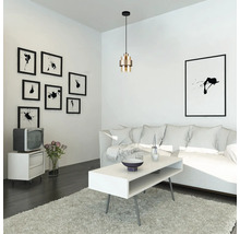 Living cu lampă suspendată, canapea și decorațiuni