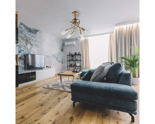 Cameră de zi cu canapea, măsuță de cafea și plafonieră