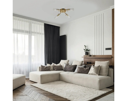 Living cu canapea de colț, covor și plafonieră