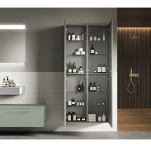 Baie cu dulap sub lavoar, dulap cu oglindă și dulap înalt deschis cu rafturi din sticlă