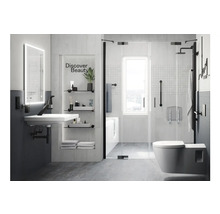 Baie modernă cu lavoar, oglindă, rafturi, cabină de duș și toaletă pentru o atmosferă luminoasă și funcțională a spațiului.