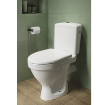 Toaletă albă în baie cu suport de hârtie