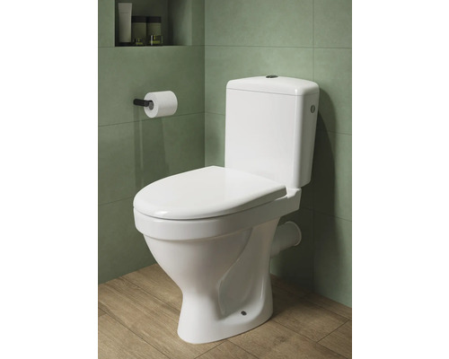 Toaletă albă în baie cu suport de hârtie