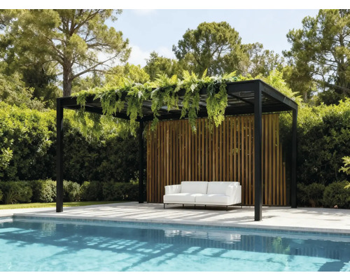 Scenă cu o pergolă cu plante lângă o piscină și o canapea