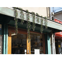 Plante artificiale decorative suspendate împodobesc fațada unei clădiri.
