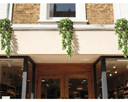 Exteriorul clădirii cu plantă artificială de iederă atârnată ca decor