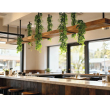 Interiorul unei cafenele cu ornamente vegetale pe o structură de lemn deasupra barului