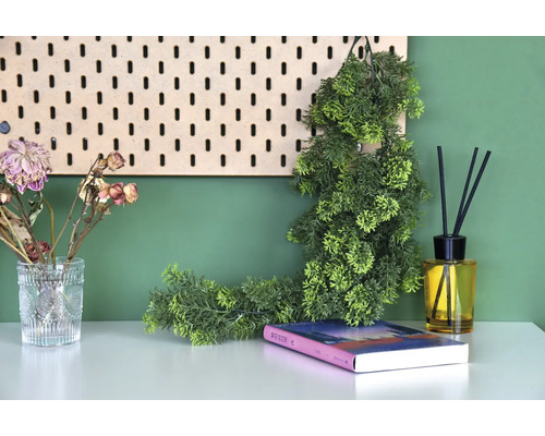 Scenă decorativă cu carte, difuzor de parfum, flori uscate, plante și panou perforat