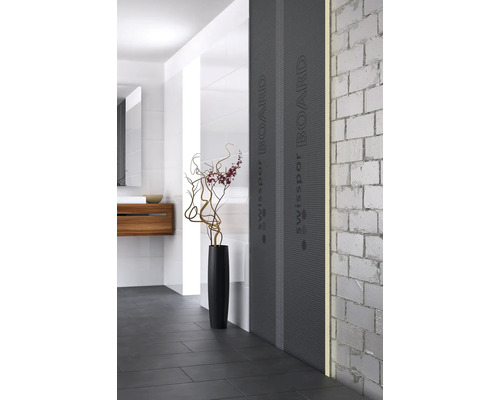 Baie modernă cu instalație în fața peretelui și placă swissopor BOARD