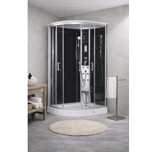 Cabină de duș de colț cu perete posterior negru și panou de duș în baie.