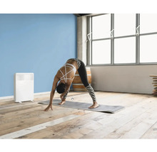 Scenă cu o femeie care face yoga pe o saltă într-o cameră cu un radiator.