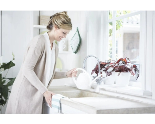 Femeie udă plantele în bucătărie cu o stropitoare