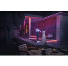 Scenă cu un cuplu plimbându-se de mână în amurg în fața unei case moderne iluminate, cu o masă aranjată în prim plan.