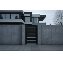 Fațadă modernă de casă cu zid de beton și poartă