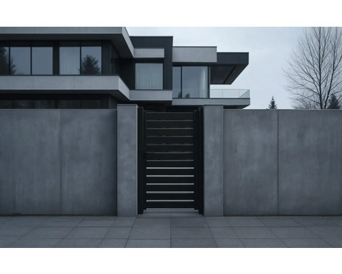 Fațadă modernă de casă cu zid de beton și poartă