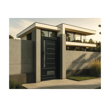 Aspect modern al casei cu poartă cu aspect de beton şi poartă de grădină neagră