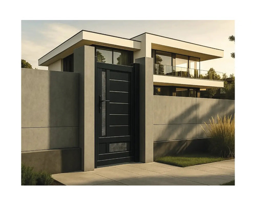 Aspect modern al casei cu poartă cu aspect de beton şi poartă de grădină neagră