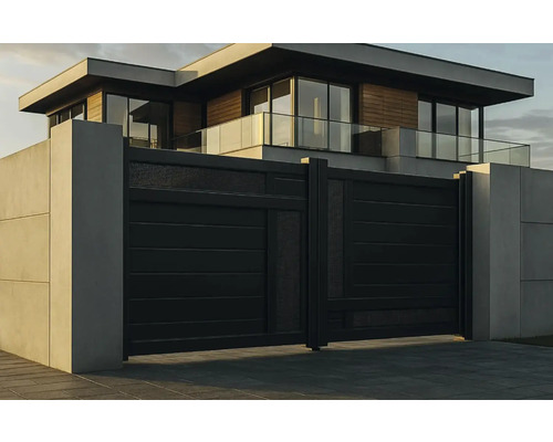 Casă modernă cu poartă de intrare și zid de beton