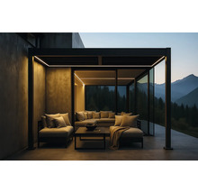 Copertină modernă pentru terasă cu mobilier de relaxare și vedere la munte