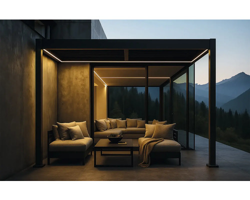 Copertină modernă pentru terasă cu mobilier de relaxare și vedere la munte