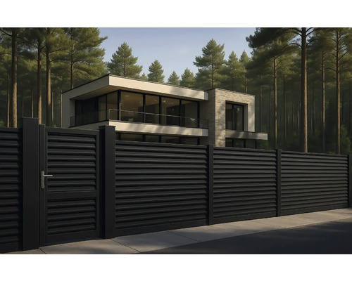 Casă modernă cu gard metalic negru și poartă