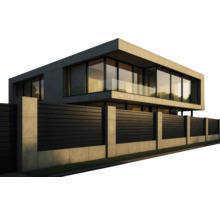 Casă modernă cu gard orizontal din scânduri și stâlpi de beton