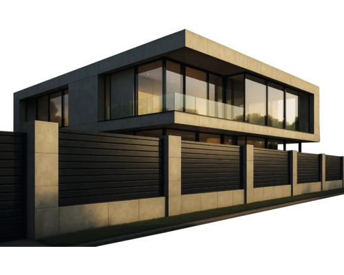 Casă modernă cu gard orizontal din scânduri și stâlpi de beton