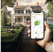 Scenă cu o mașină de tuns iarba robotizată pe un gazon și o mână care ține un smartphone cu o aplicație pentru a controla robotul
