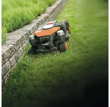 Robot de tuns iarba Landroid pe gazon lângă un zid