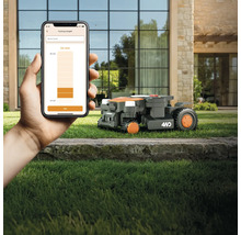 Robot de tuns gazon în funcțiune, controlat printr-o aplicație de smartphone pentru a seta înălțimea de tăiere