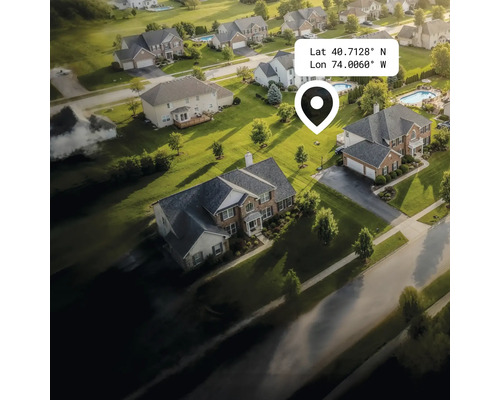 Vedere aeriană a unei zone rezidențiale cu case, grădini și străzi