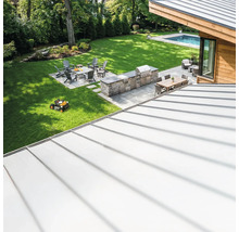 Imagine de ansamblu a unei grădini cu zonă de grătar, zonă de relaxare și robot de tuns iarba.