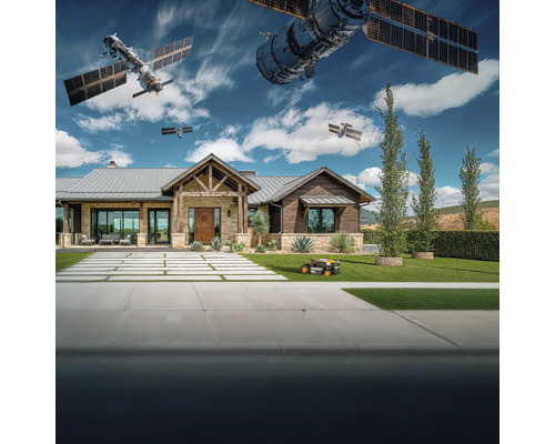 Casă modernă cu robot de tuns iarba și sateliți pe cer