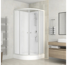 Cabină de duș pe colț cu uși glisante într-o baie luminoasă