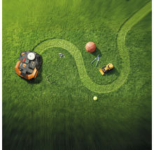 Suprafață de gazon cu robot de tuns iarba, minge de baschet, foarfecă de grădină, excavator de jucărie, minge de tenis, chei și ochelari