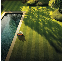 Robot de tuns iarba pe un gazon lângă o piscină