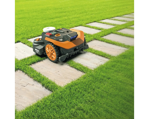 Robot de tuns iarba pe un gazon cu o potecă din plăci de piatră