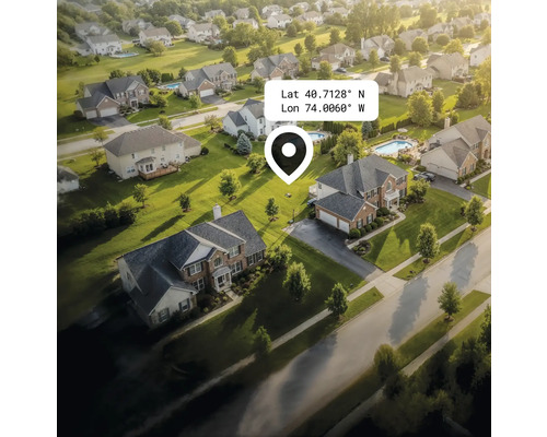 Vedere aeriană a unei zone rezidențiale cu case, grădini și străzi