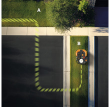 Vedere de sus a unui robot de tuns iarba care se deplasează între două peluze.