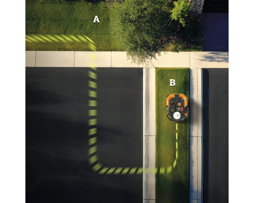 Vedere de sus a unui robot de tuns iarba care se deplasează între două peluze.