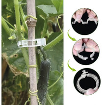 Clema pentru plante pentru fixarea plantelor de un suport și vedere detaliată a clemei în stare deschisă și închisă.