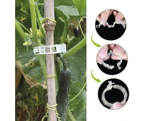 Clema pentru plante pentru fixarea plantelor de un suport și vedere detaliată a clemei în stare deschisă și închisă.