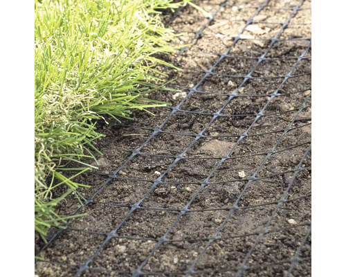 Grilaj negru de protecție a gazonului așezat pe pământ, lângă iarbă.