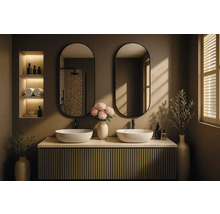 Baie modernă cu chiuvetă dublă, oglinzi și rafturi