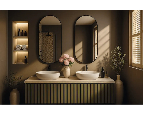 Baie modernă cu chiuvetă dublă, oglinzi și rafturi