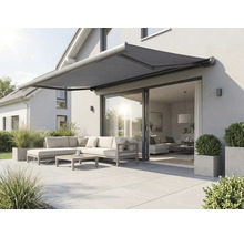 Terasa cu copertină extinsă, mobilier de grădină și plante