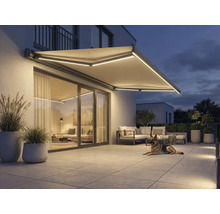 Copertină iluminată deasupra unei terase cu mobilier de grădină și un câine