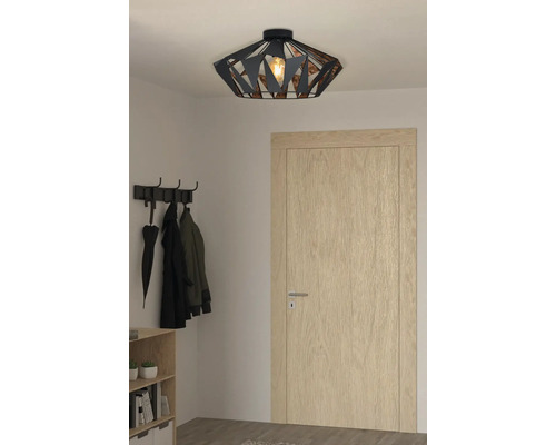 Lampa de tavan metalică în hol cu suport pentru haine și ușă de lemn