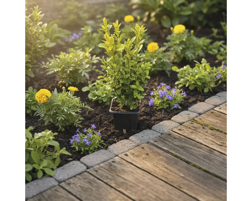 Jardină cu buxus în ghiveci, flori galbene și albastre lângă aleea de lemn